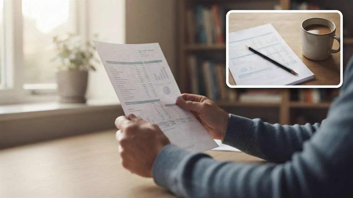 A hand holding a printed superannuation statement with two figures underlined in pencil.